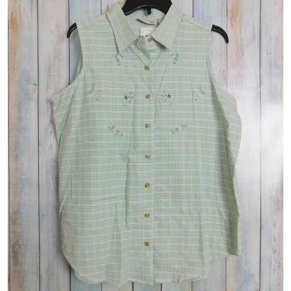 Vintage Basic Editions Woman Shirt Large Green White Plaid Embroidered Flowers - Picture 1 of 8